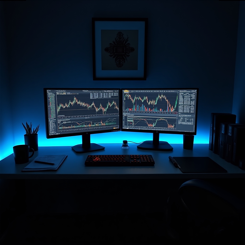 Financial professional analyzing market charts on dual screens