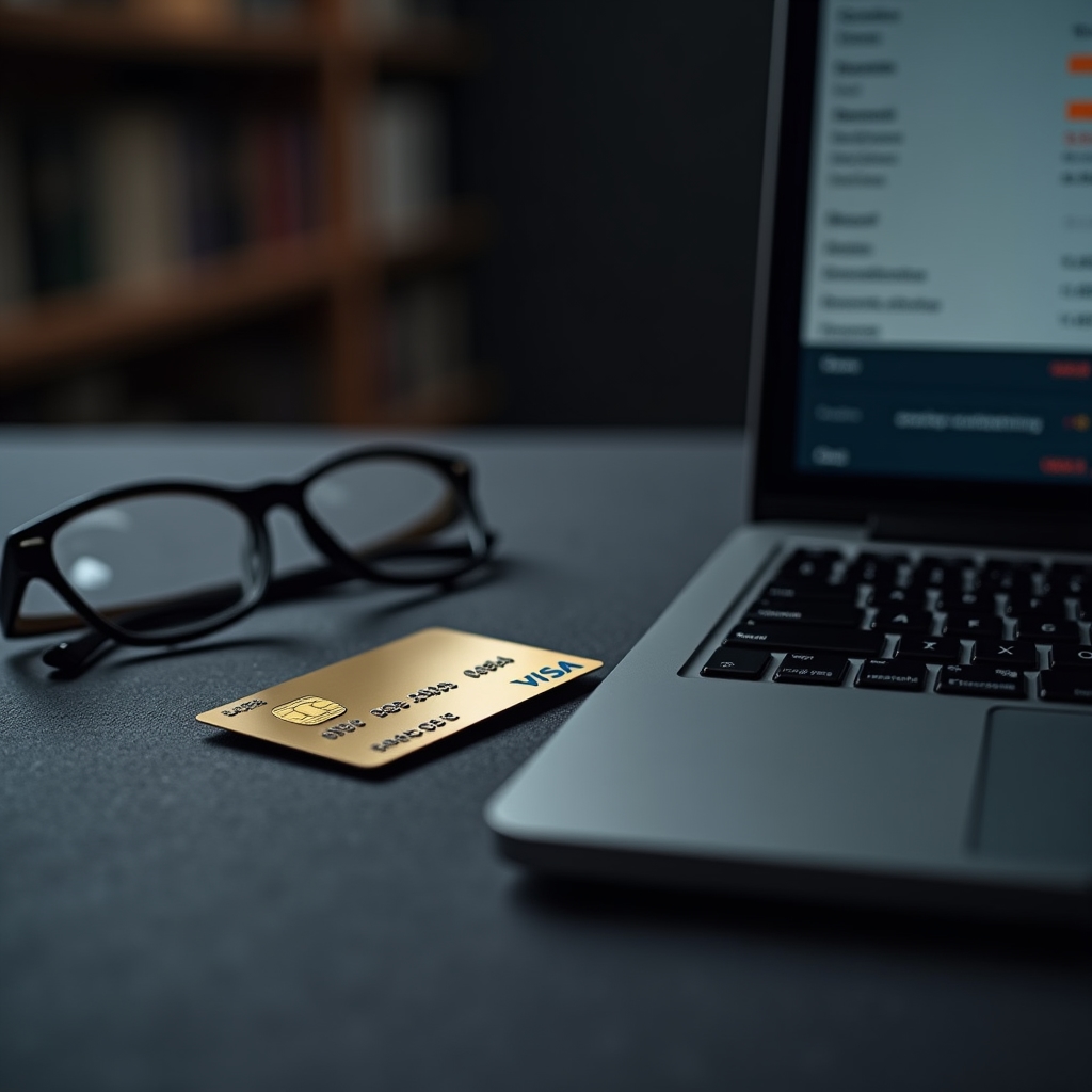 Close-up of a credit card on a financial planning workstation