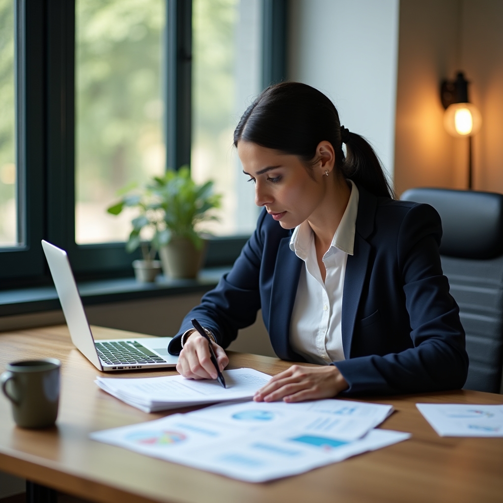 Person reviewing financial documents and learning materials at a modern desk