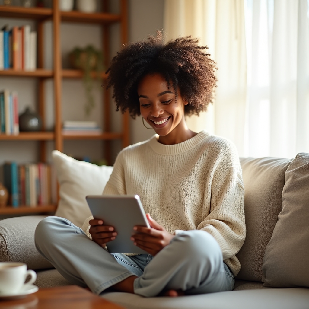 Persona completando un módulo de aprendizaje online en una tablet en un entorno relajado