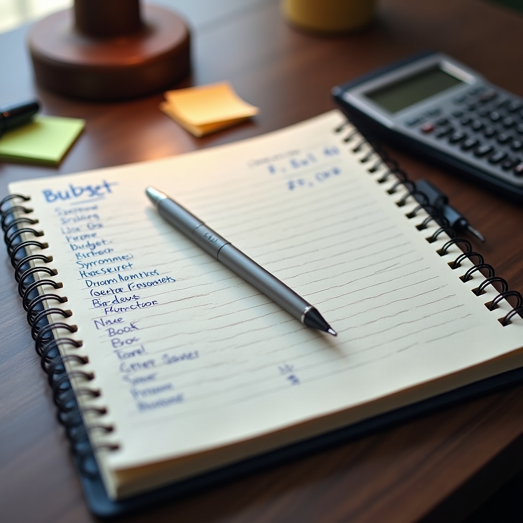 Notebook with monthly budget plan and calculator